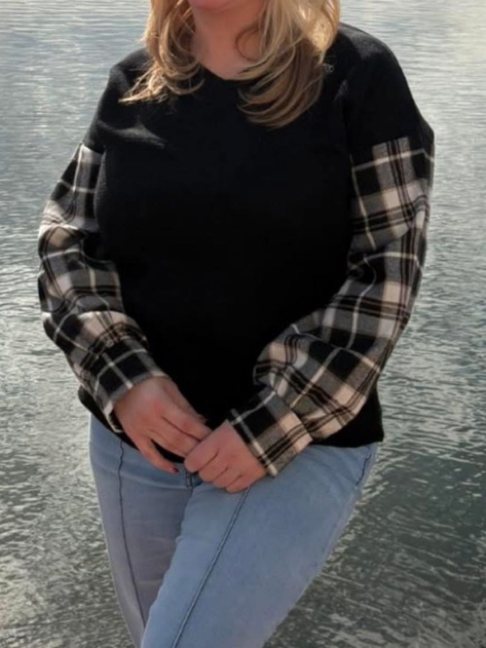 Grace & Emma Women's Black Blouse with Plaid Flannel Bishop Sleeves Cozy Cute